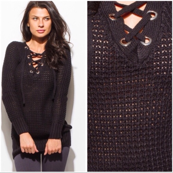 Plus Size Lace Up Open Knit Sweater - Picture 3 of 3